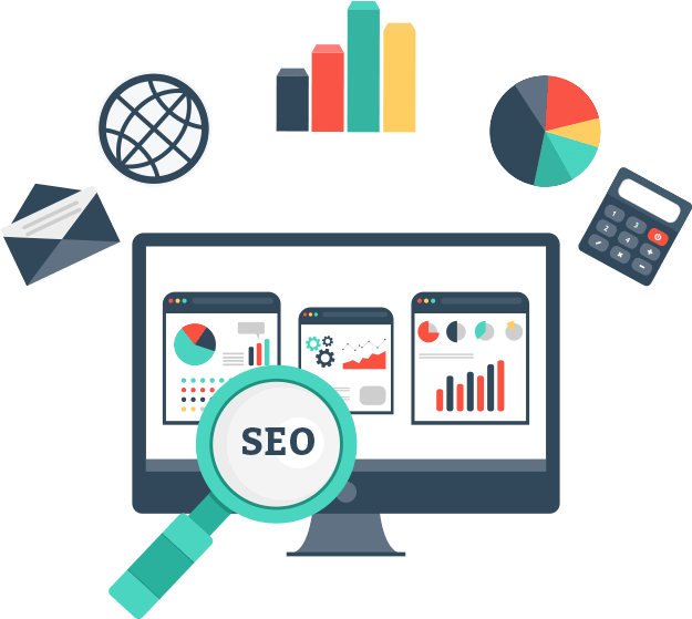 SEO graphic with monitor and charts